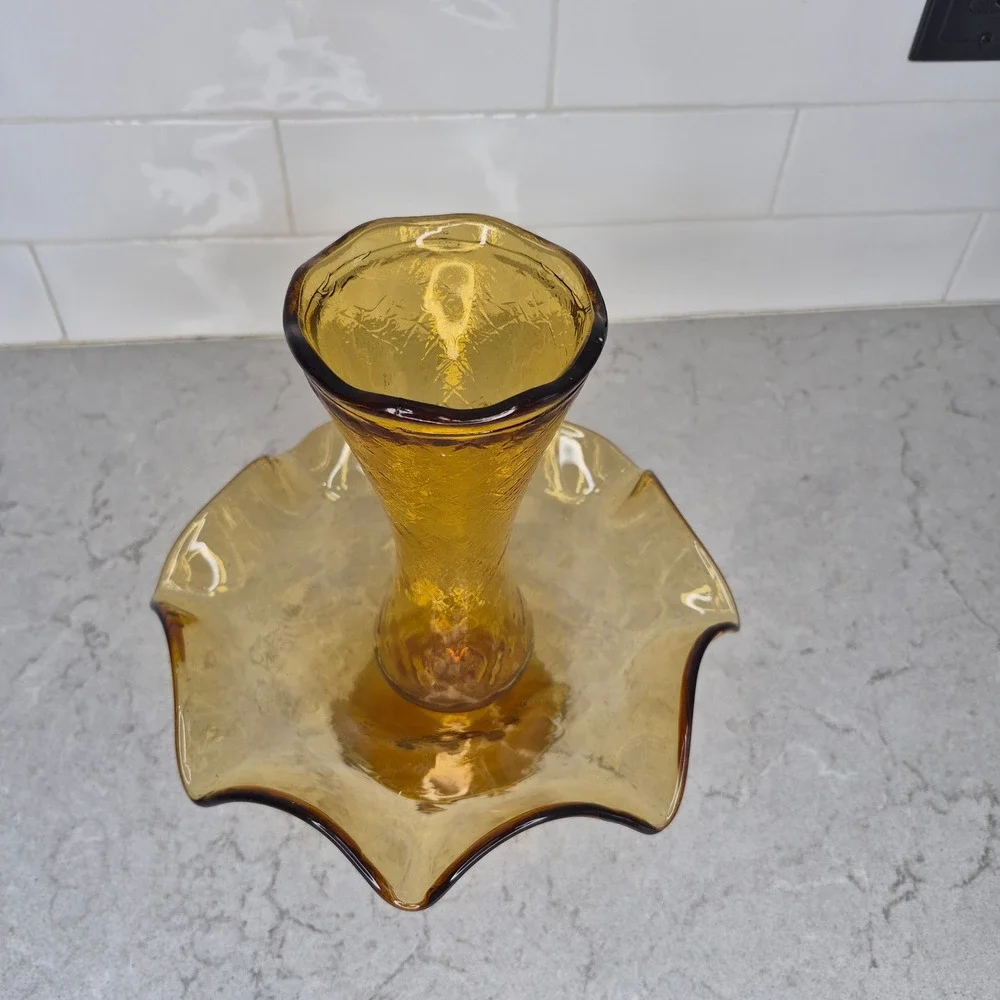 Vintage Epergne Vase‎ Amber Diamond Quilted Ruffled Glass 10 Inch 2 Piece